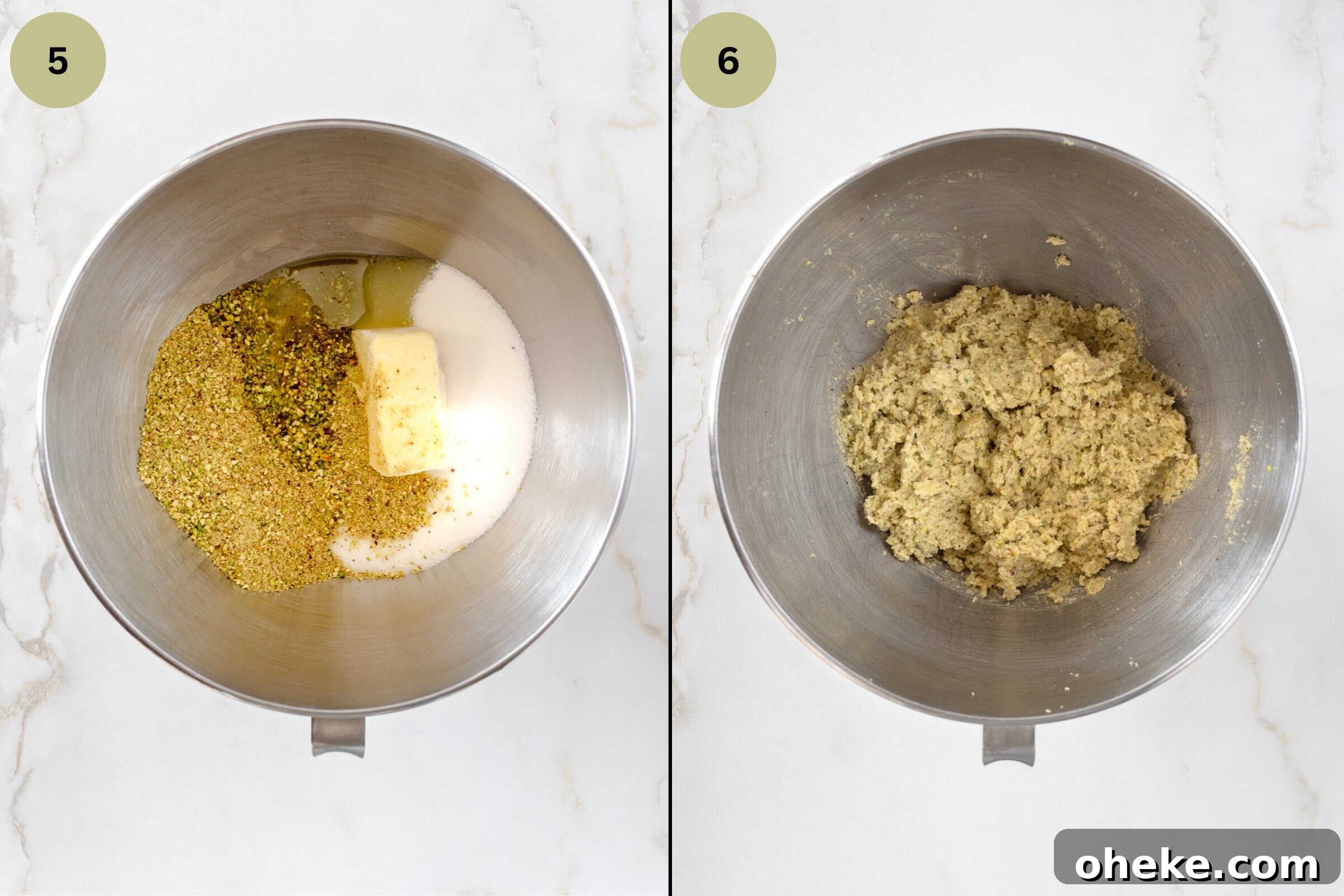 Bowl of stand mixer bowl containing some of ingredients to make Pistachio bundt cake and second image is one of the blended ingredients.