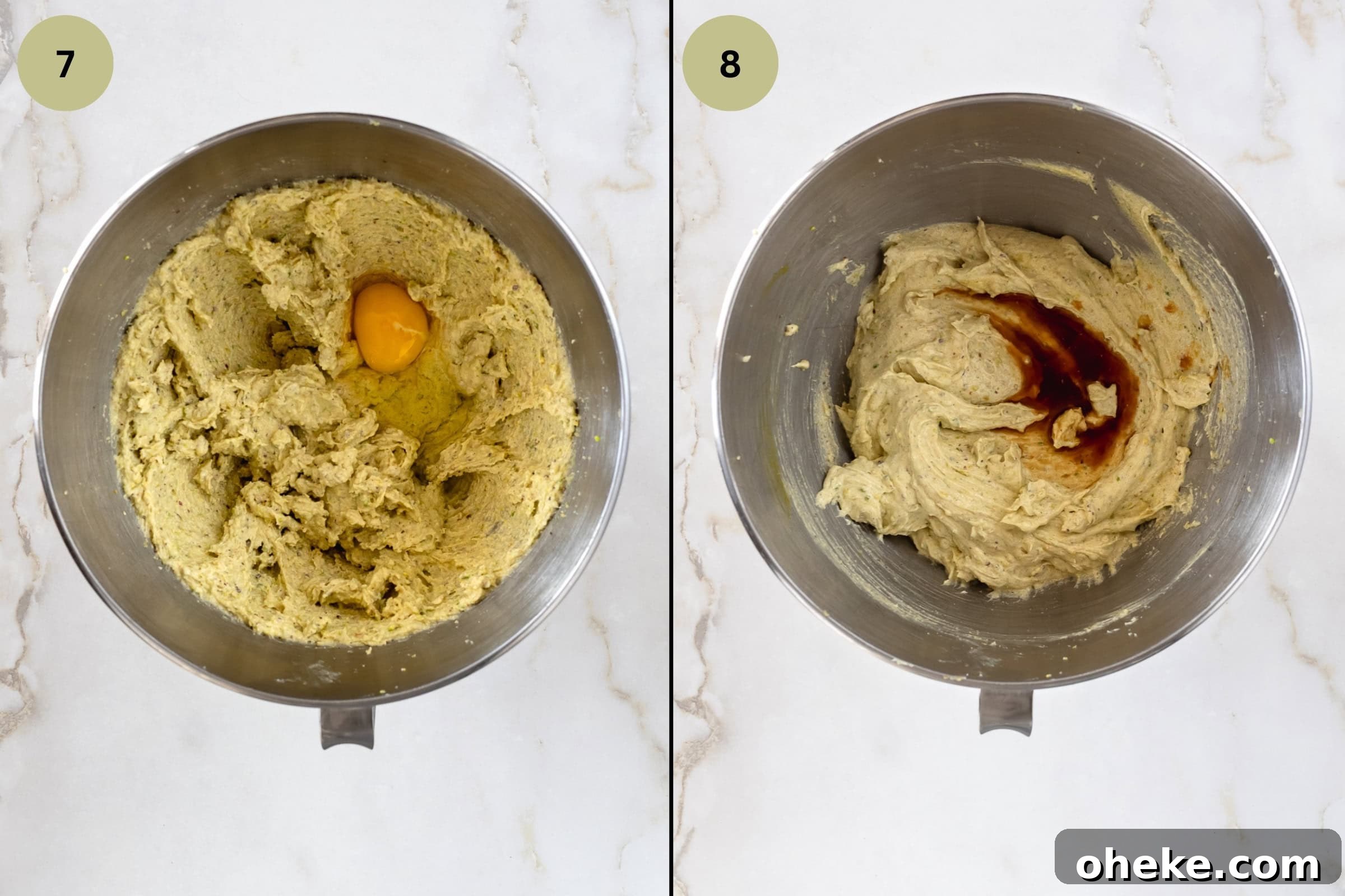 Bowl of mixer with blended cake ingredients, with an added egg and vanilla and almond extracts.