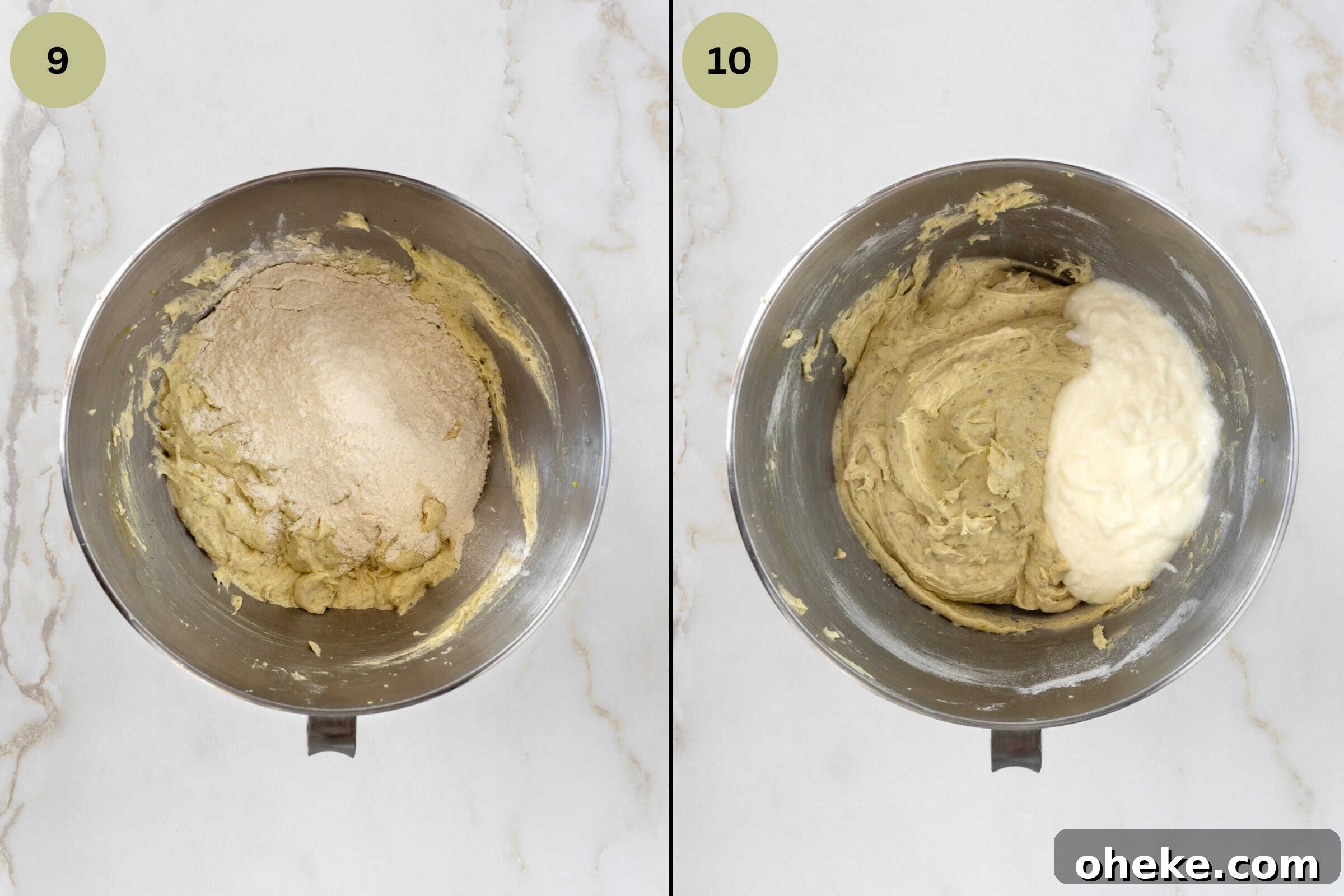 Mixer bowl with batter and flour and a second image with batter and yogurt.