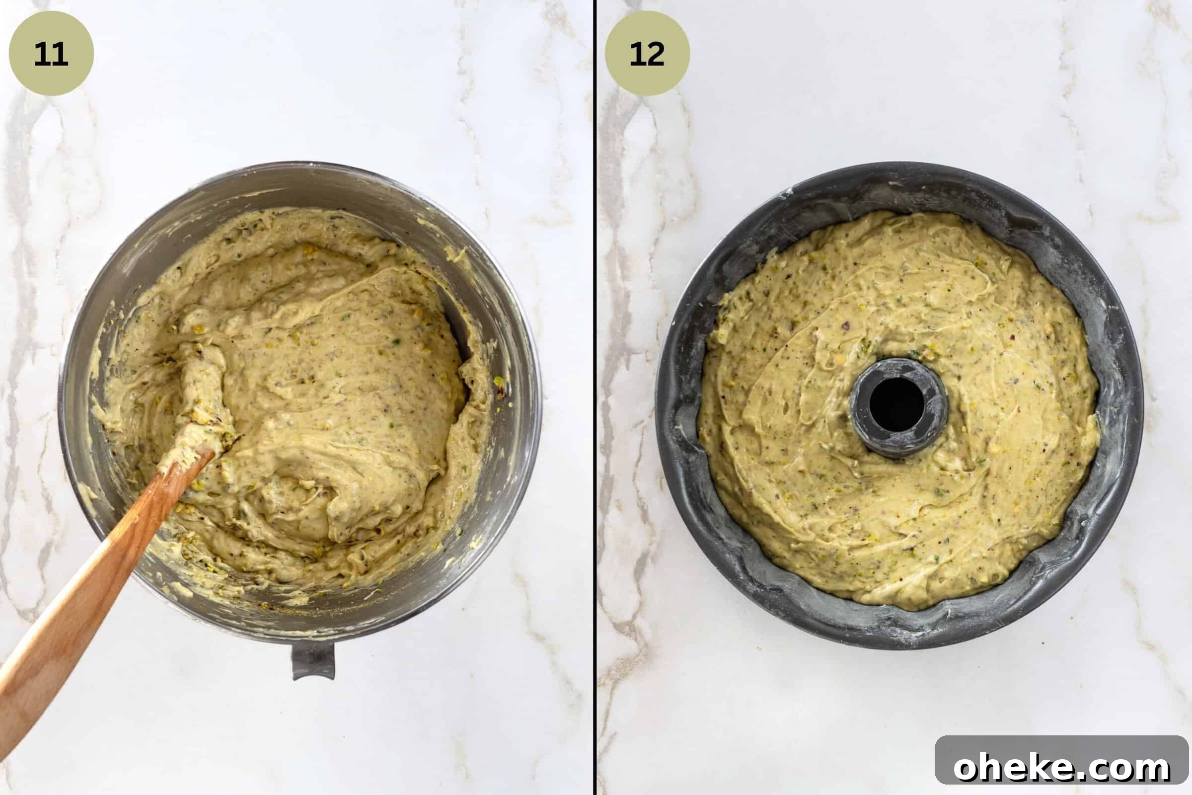 First image of a bowl with mixed pistachio cake batter. Second, with cake batter in bundt pan.