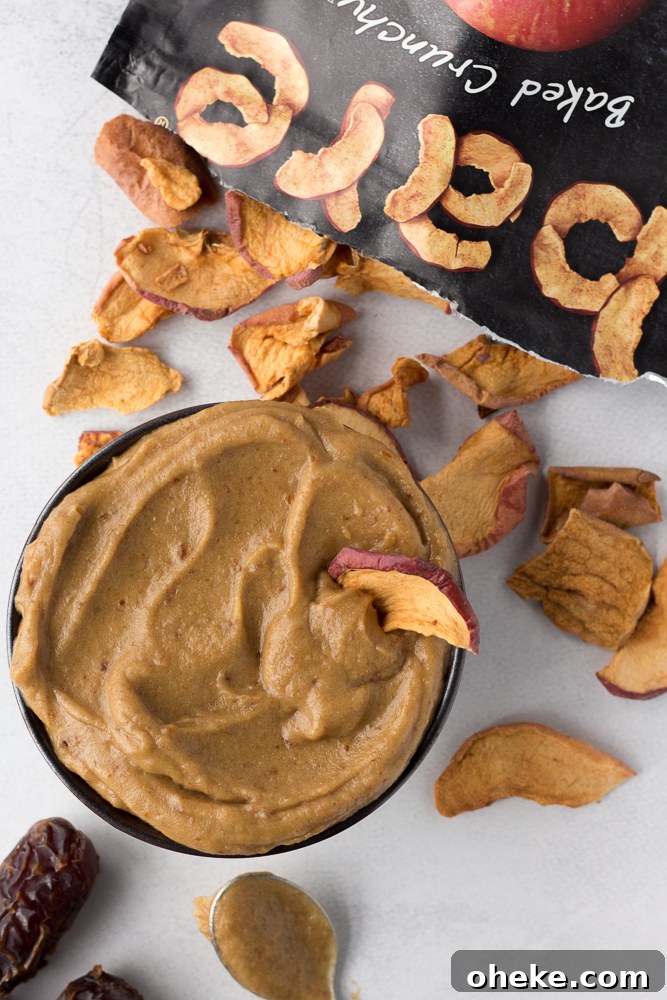 Tahini Date Caramel Dip with apple chips by Flora & Vino