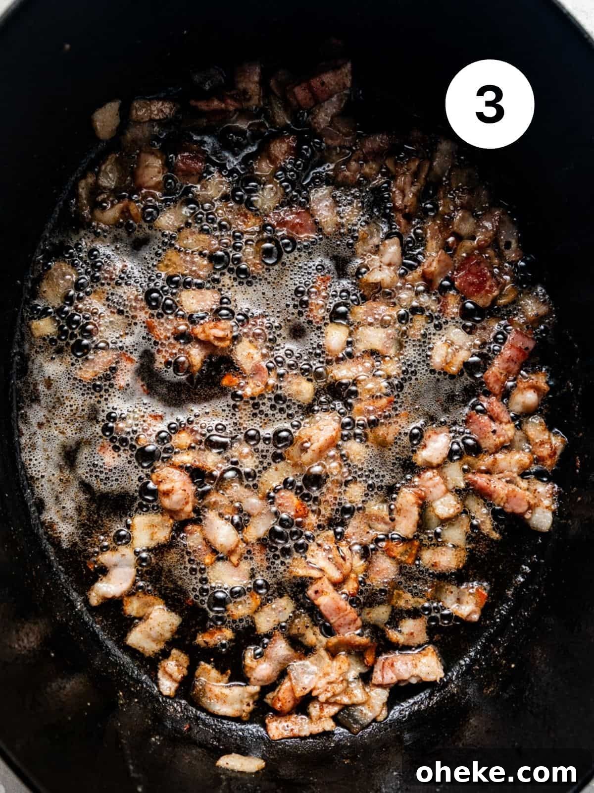 Short Rib Bolognese Recipe: Slow-Simmered, Rich Italian Ragu 6 bacon cooking in a large dutch oven.