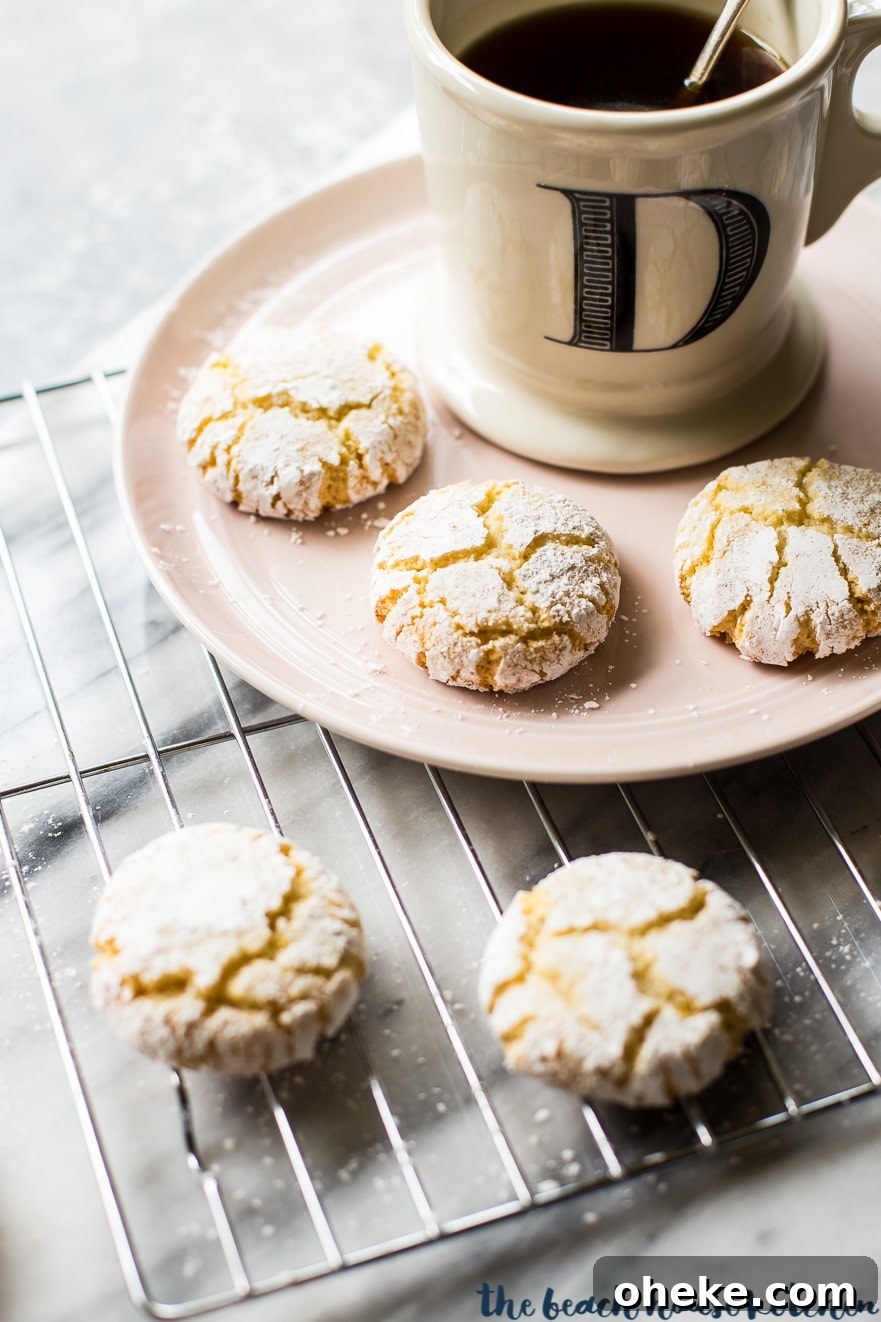 Classic Italian Amaretti Cookies Recipe — Crispy, Almond-Flavored Treats 3 Amaretti cookies on a plate with a cup of coffee