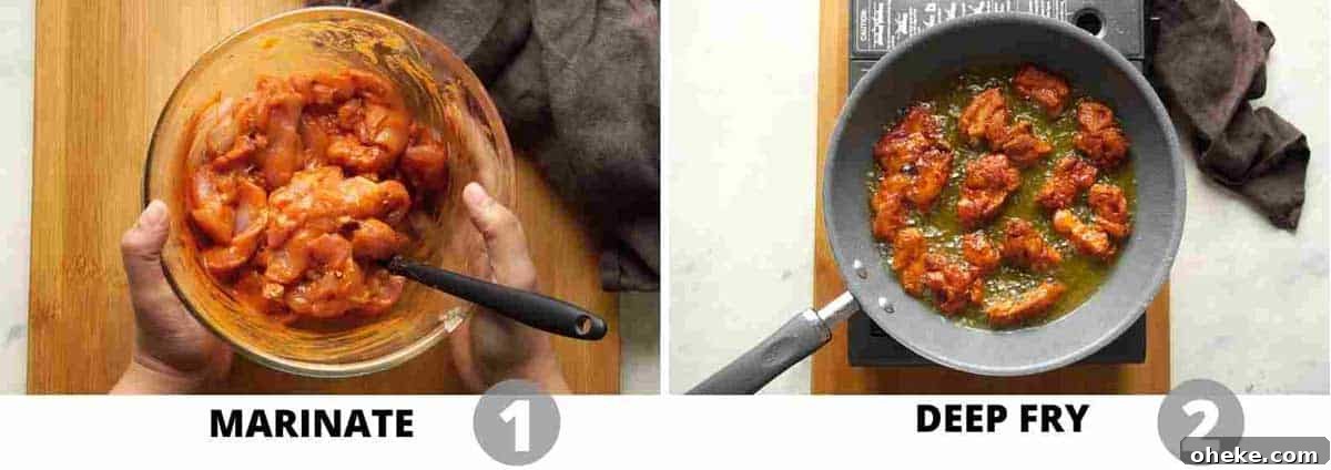 Step by step picture collage showing how to marinate and deep fry chicken