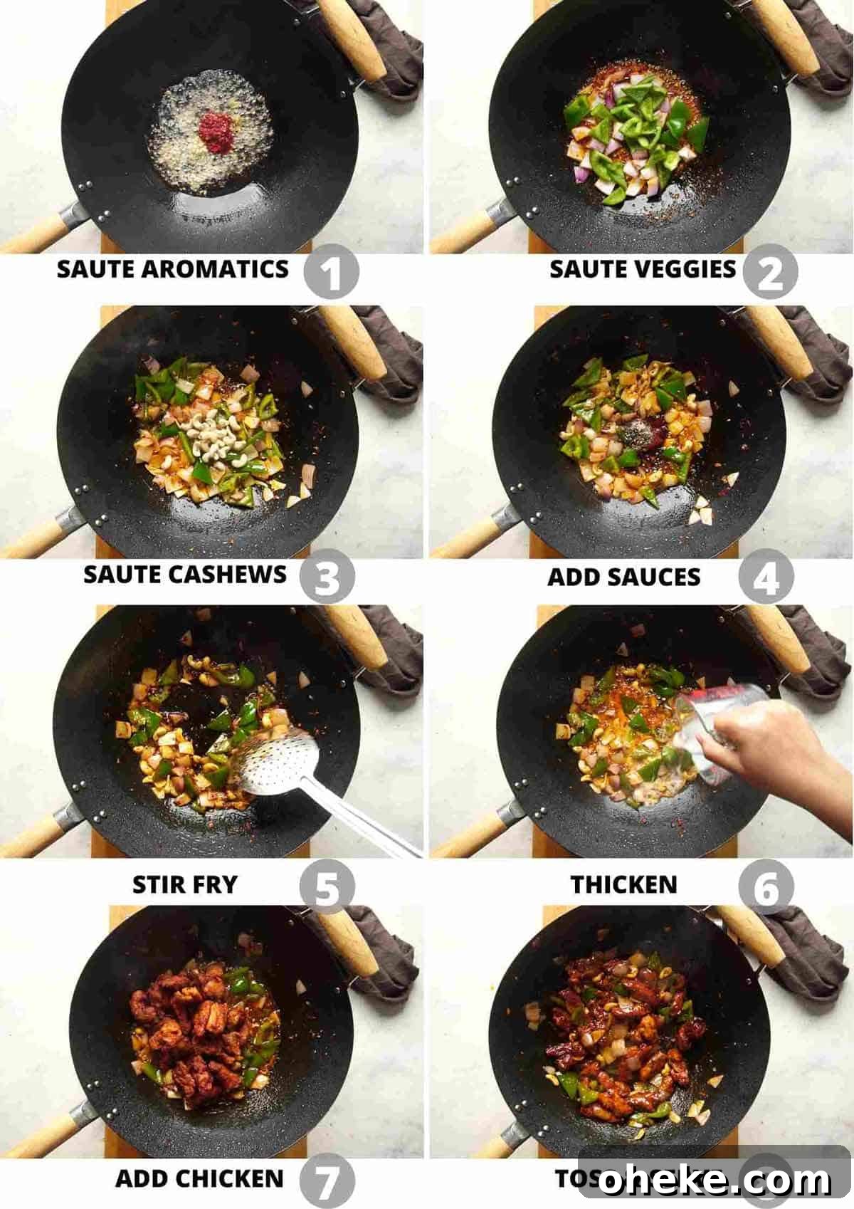 Step by step picture collage showing how to make Dragon Chicken in a wok