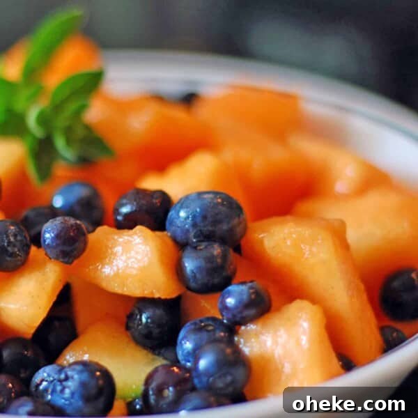 A bowl of blueberries and chopped cantaloupe.