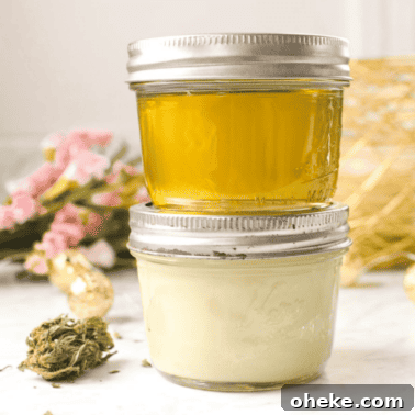 Two mason jars of cannabis coconut oil, one liquid, one solid.