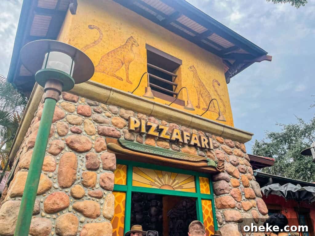 Pizzafari: Explore Unique Pizza Flavors and Restaurant Guide 2 Pizzafari entrance at Animal Kingdom.