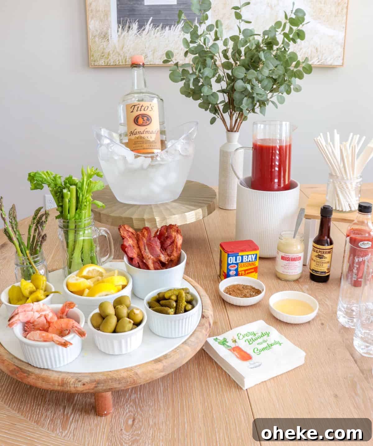 Build a Bloody Mary Bar: DIY Cocktail Station Guide 2 Bloody mary bar set up on table.