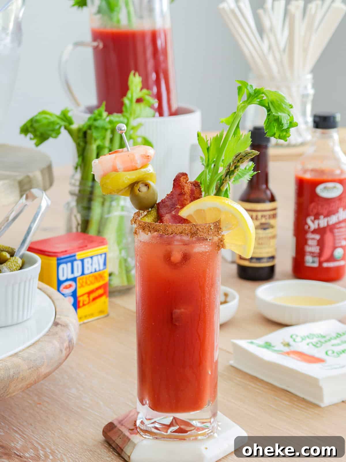 Build a Bloody Mary Bar: DIY Cocktail Station Guide 12 At home bloody mary bar with garnishes.