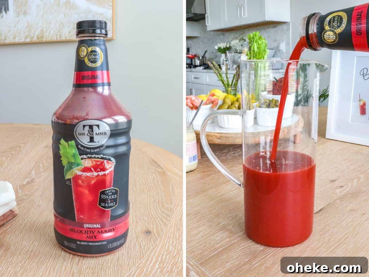 Build a Bloody Mary Bar: DIY Cocktail Station Guide 4 Pouring bloody mary mix into pitcher.
