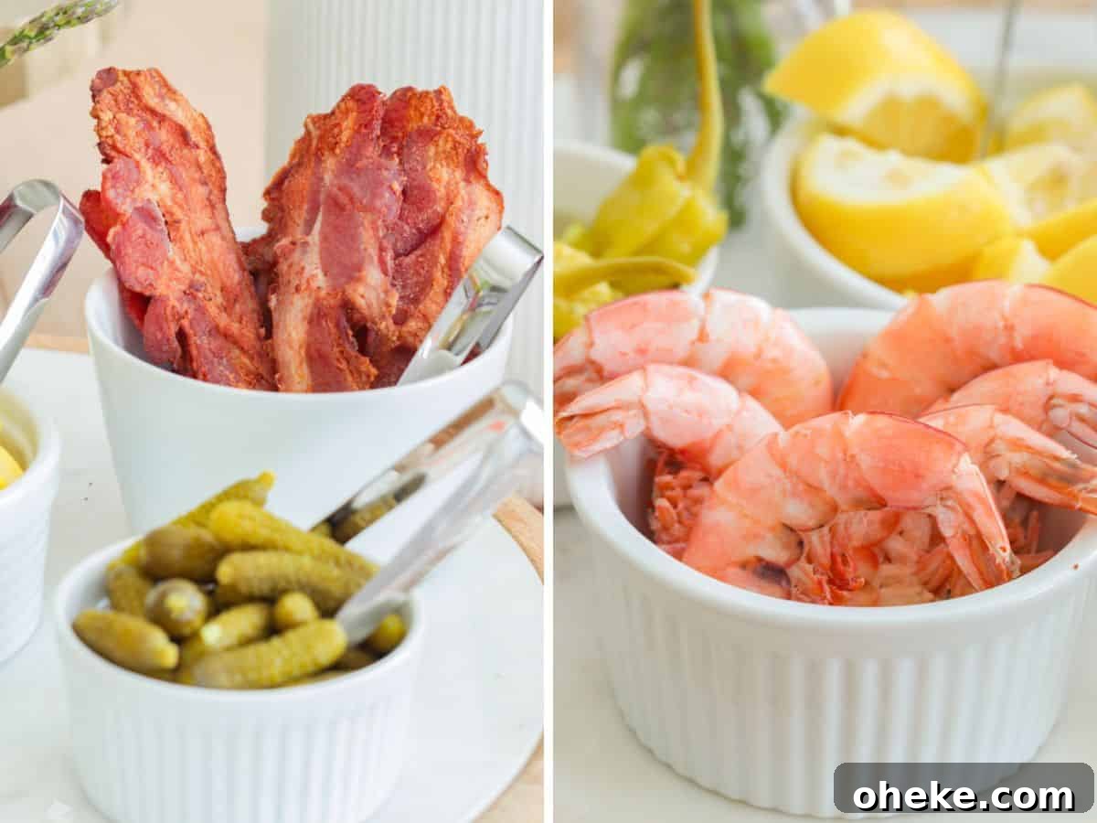 Build a Bloody Mary Bar: DIY Cocktail Station Guide 5 Shrimp, cornichons and bacon.