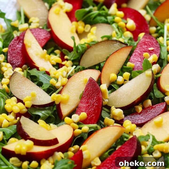 Summer Peach and Plum Salad with Honey-Lime Dressing 9 peaches, plums, corn, arugula salad