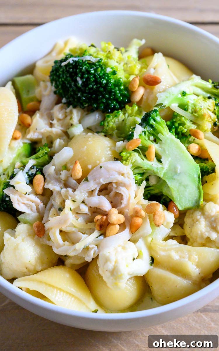 Chicken Broccoli Cauliflower Pasta in a bowl.