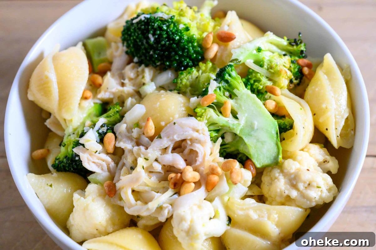 Chicken Broccoli Cauliflower Pasta in a bowl.