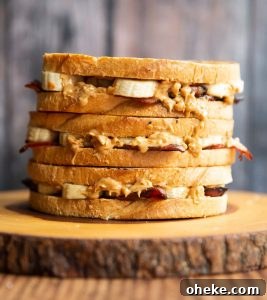 Elvis sandwiches 3 Elvis sandwiches stacked on each other on wooden board