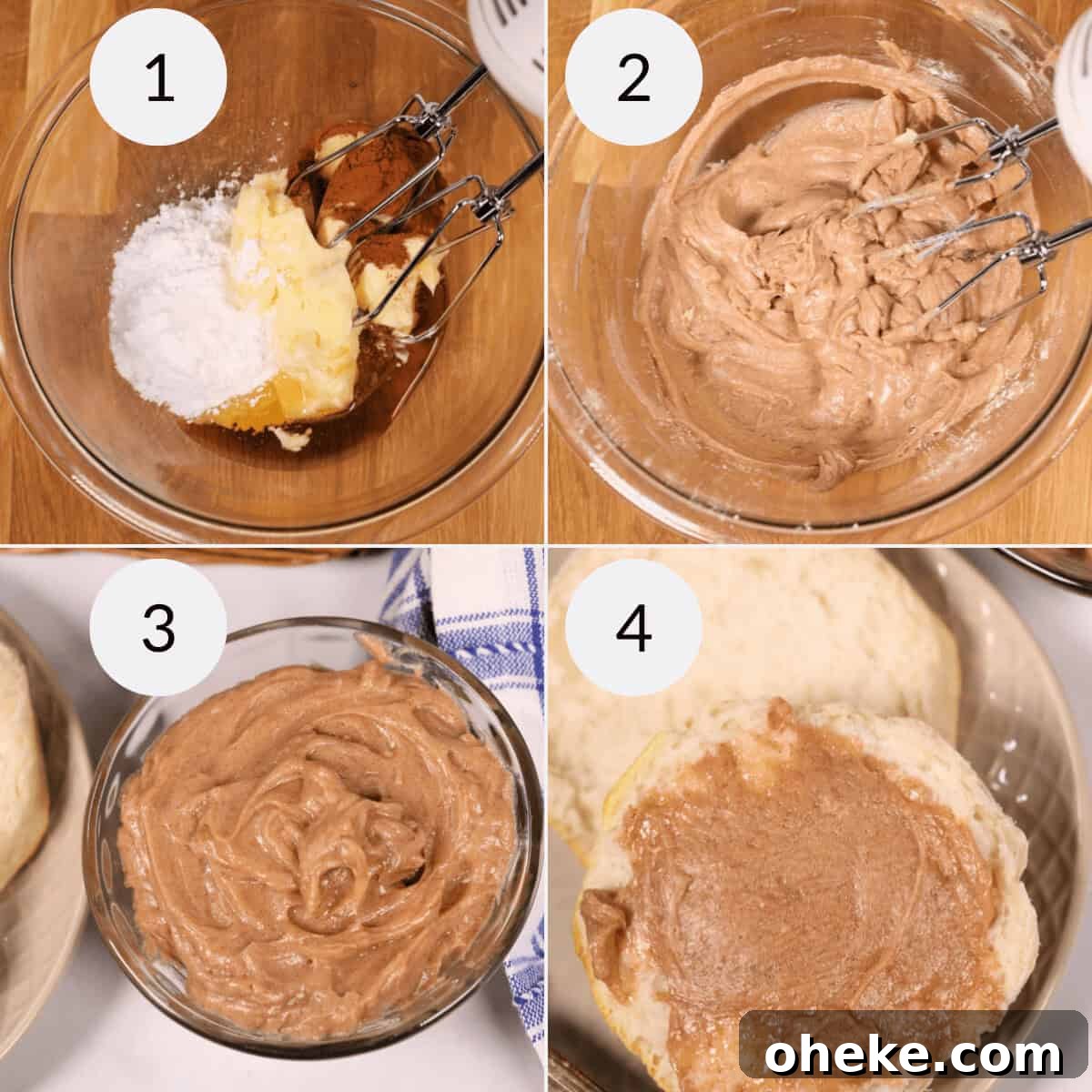 A series of four images depicting the process of making ingredients, achieving that perfect whipped texture, transferring to a small bowl, and finally spreading it on a warm biscuit.