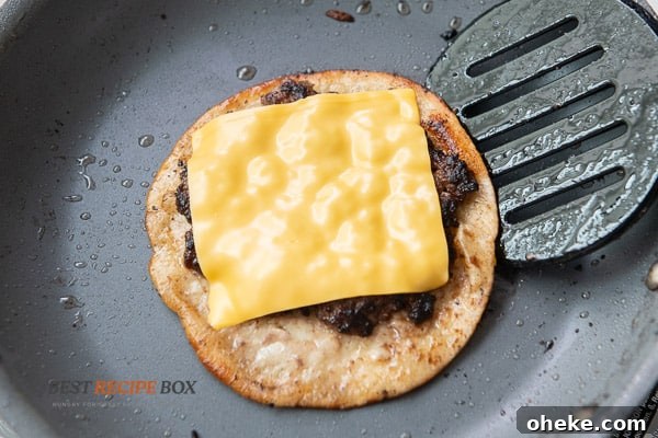 Cheese slice melted on top of meat