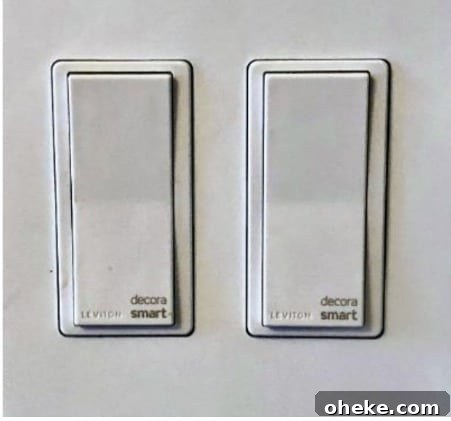A close up of two side by side light switches.