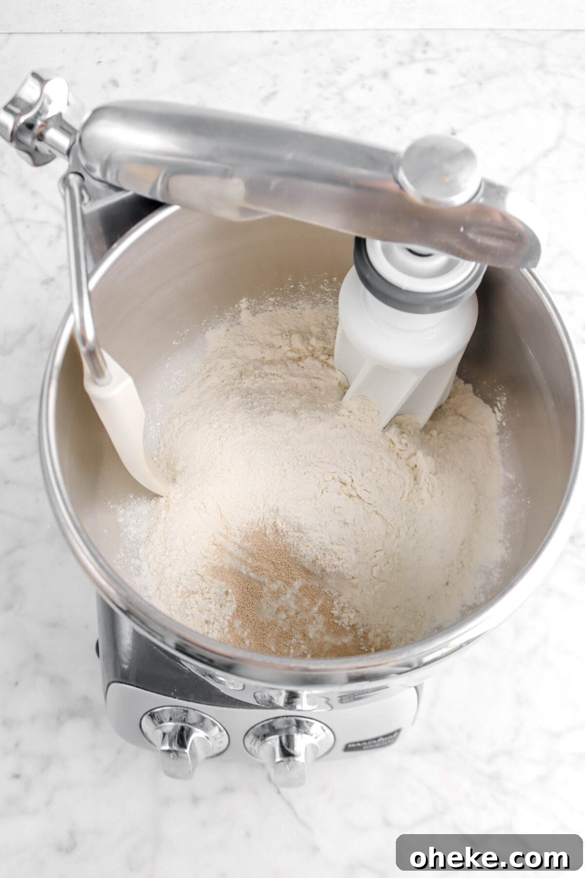 flour and yeast in mixer
