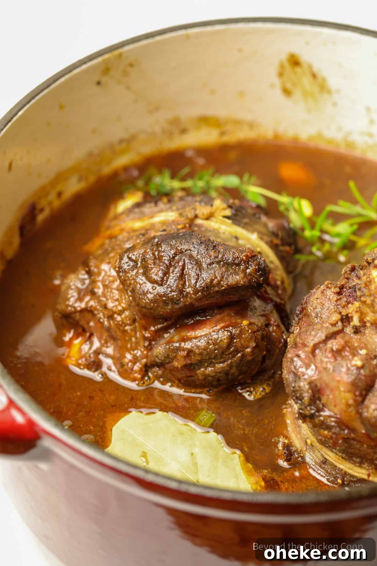 Elk shanks in a pot with a rich broth. 