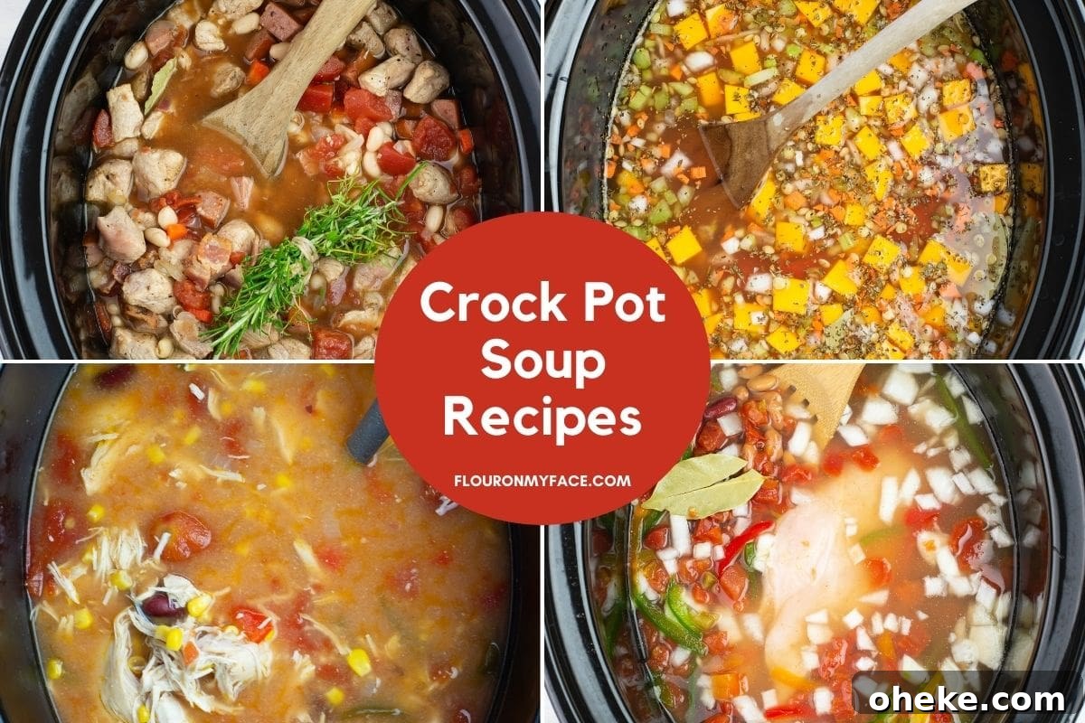 Hearty Slow Cooker Kielbasa Soup Recipe 4 Collage of 4 crock pots filled with soup.