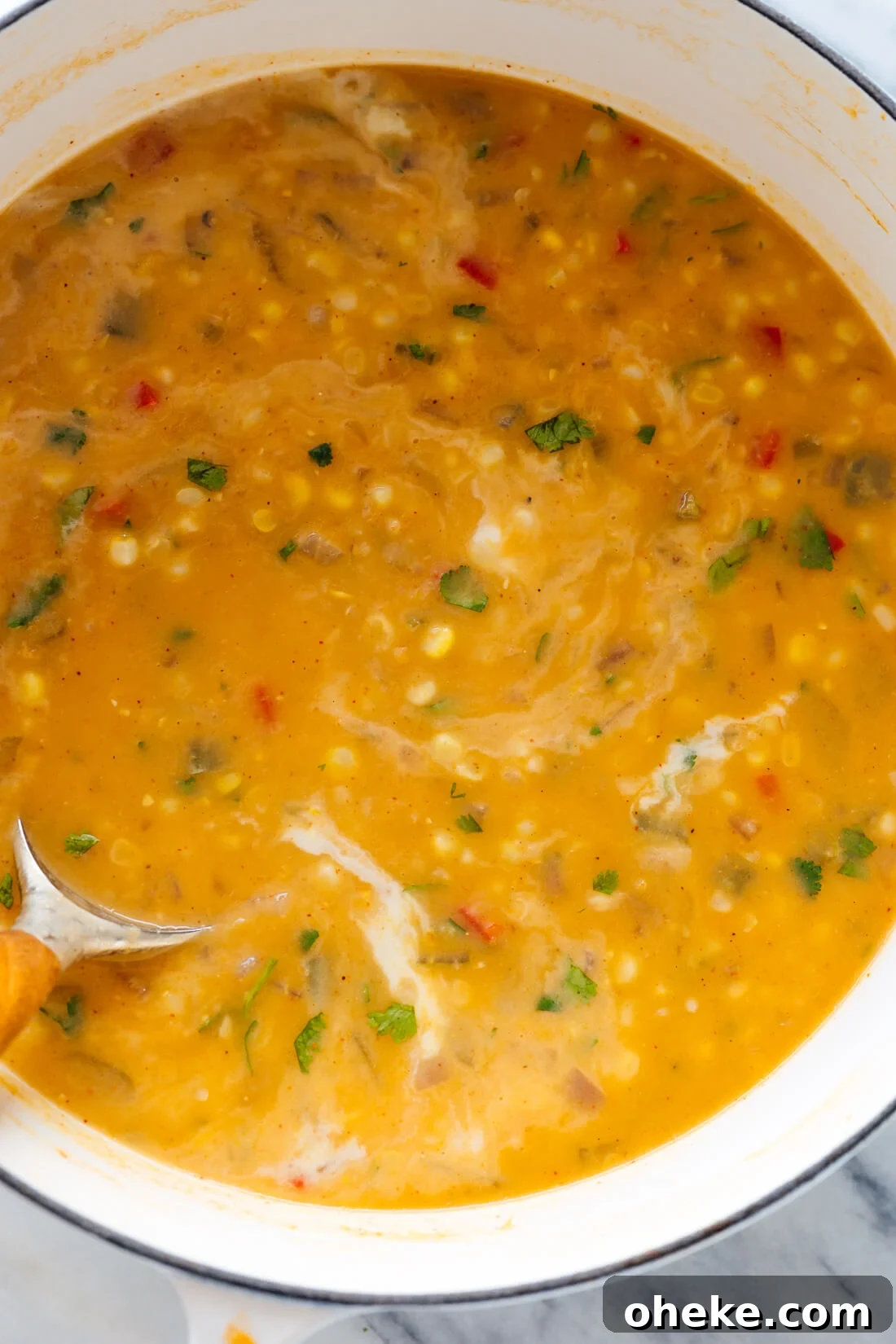 Southwestern Corn Chowder Recipe with Smoky Chipotle and Bacon 6 corn chowder in pot