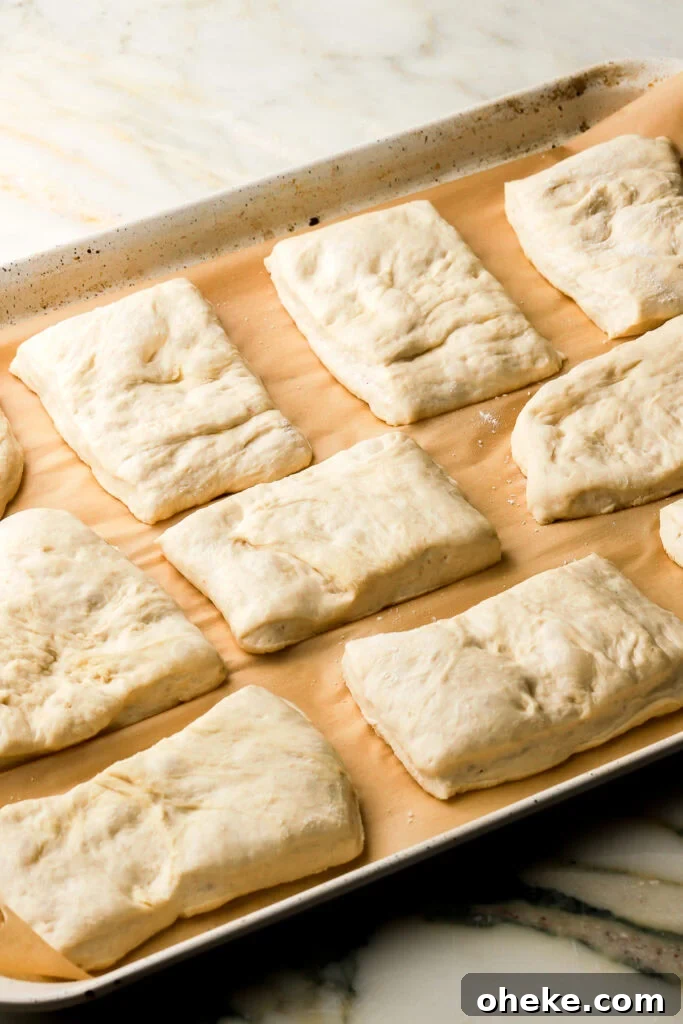 ciabatta dough on prepared pan after second proof