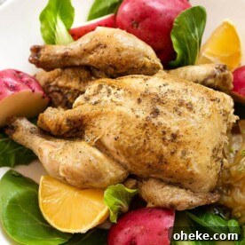 Cornish Game Hen on a white plate with potatoes and vegetables