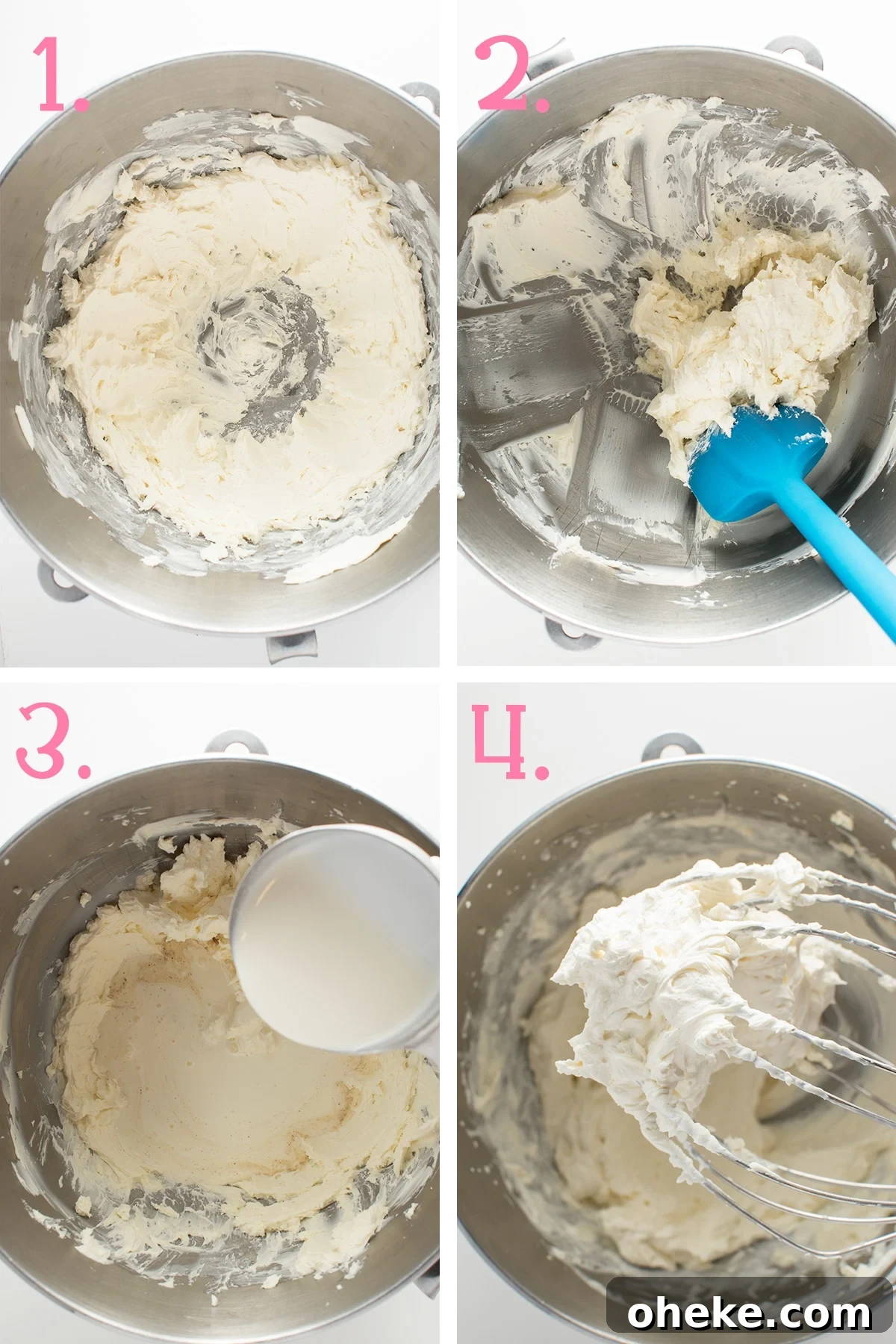 A four panel image showing the stages of making low carb cream cheese frosting 