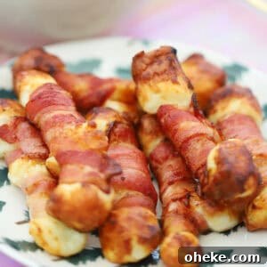 Honey Mustard Cocktail Sausages Recipe for Parties 12 A plate of bacon wrapped halloumi.