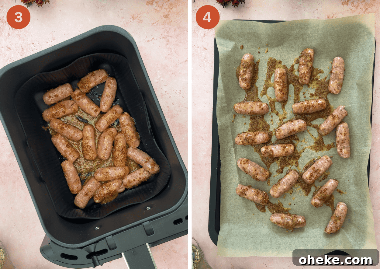 Honey Mustard Cocktail Sausages Recipe for Parties 6 Cocktail sausages in an air fryer basket (left) and on a baking sheet (right).