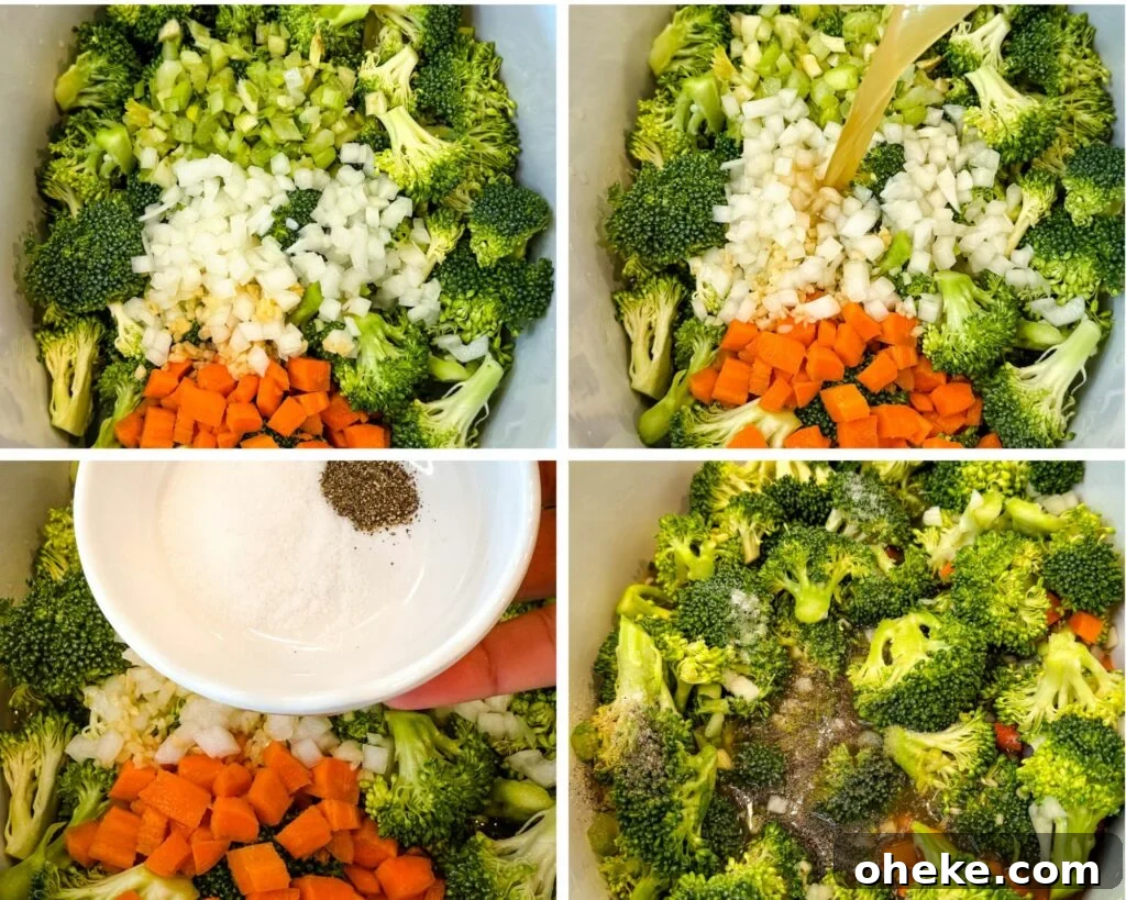 Slow Cooker Broccoli Cheddar Soup (Crockpot Recipe) 4 Collage of four images showing the step-by-step process: fresh broccoli, carrots, onions, and celery in a slow cooker, broth being poured over, salt and pepper added, and vegetables coated in seasoning.