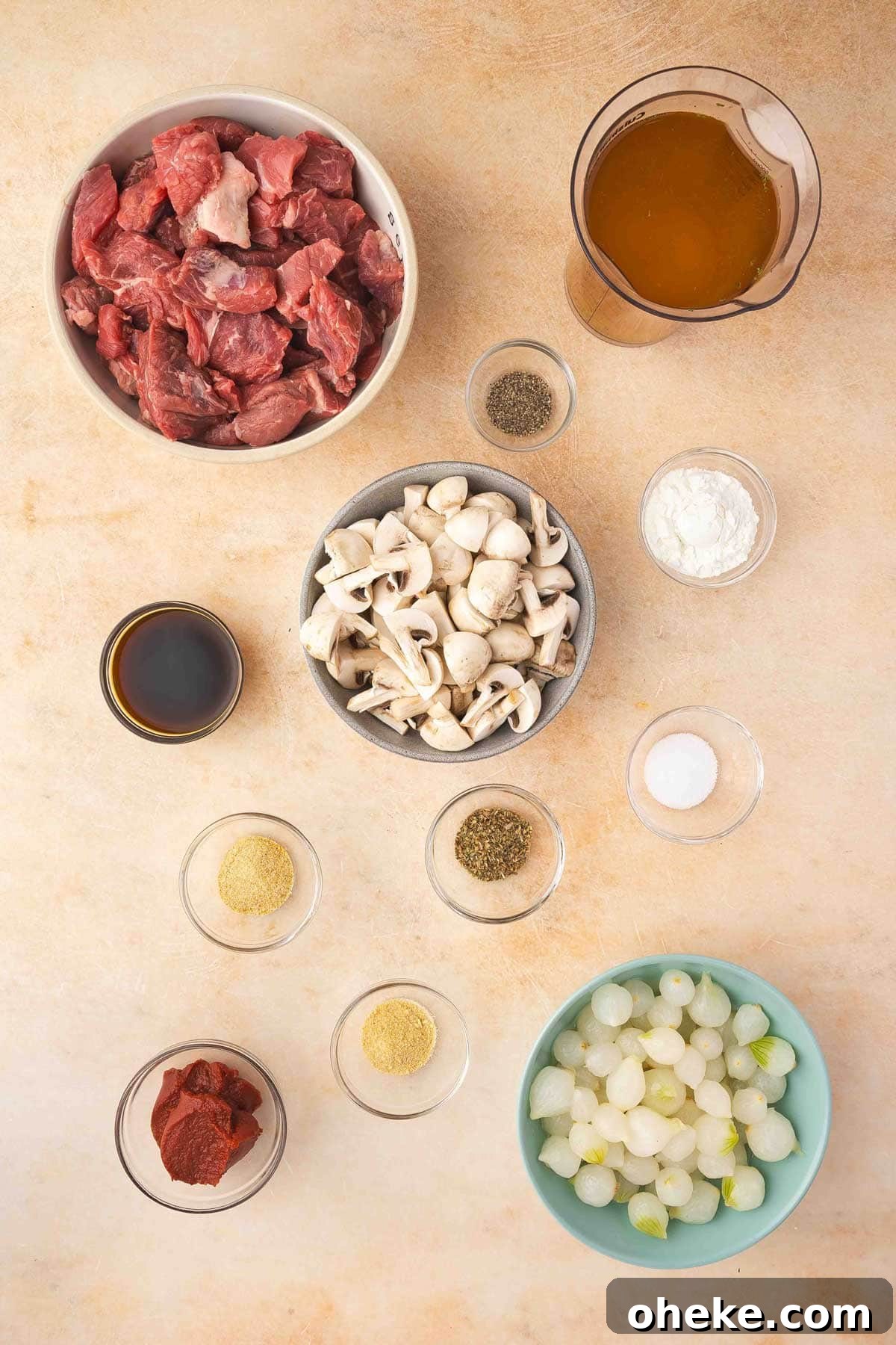 Ingredients needed to make a slow cooker beef tips and gravy recipe.