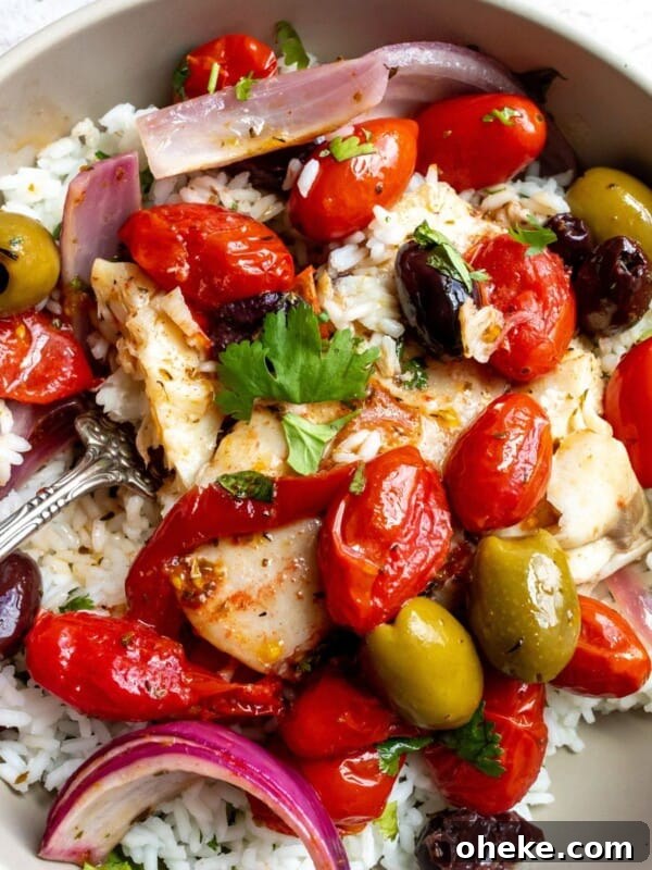 Mediterranean Stuffed Peppers with Ground Turkey and Feta 7 Baked Mediterranean fish in a grey bowl with olives.