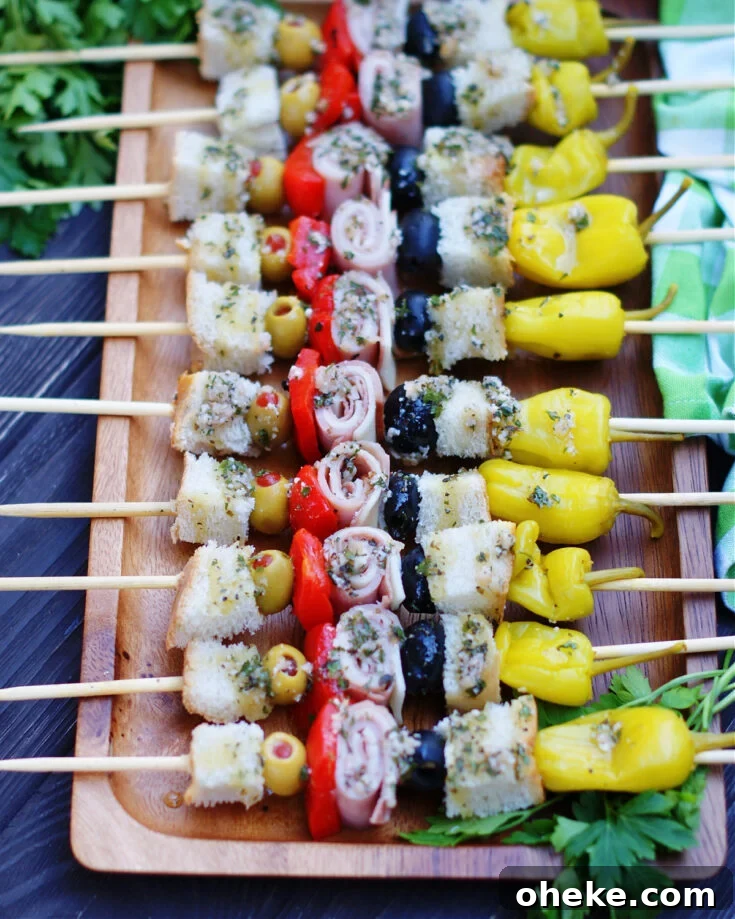 New Orleans Muffuletta Skewer Appetizer on a party tray