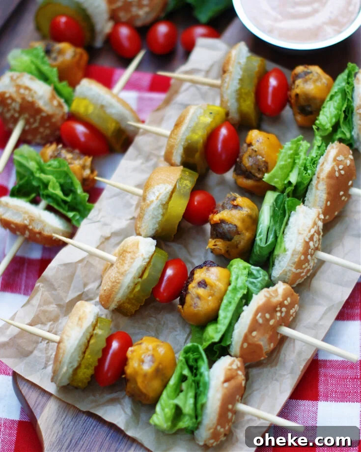 a platter of cheeseburger skewers for a party