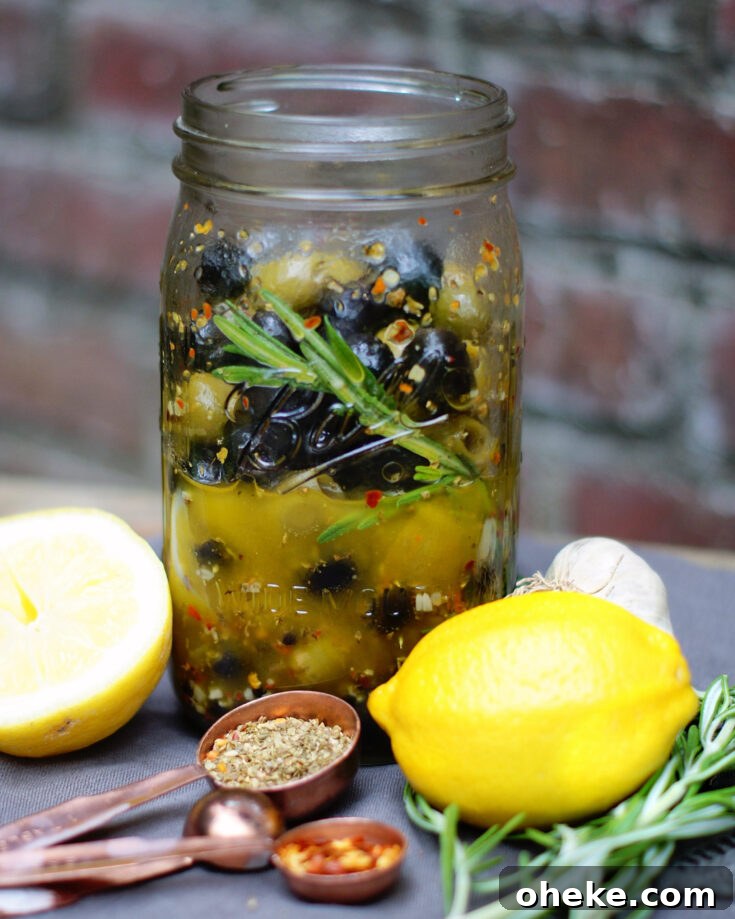 Easy Italian Homemade Marinated Olives in a jar
