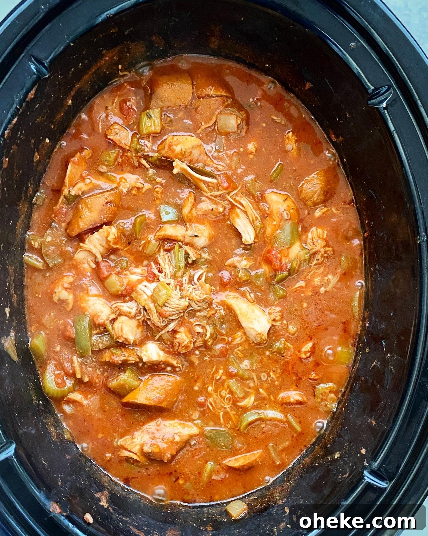 Slow Cooker Chicken and Sausage Gumbo (Video Recipe) 4 cooked gumbo in the crockpot