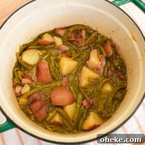 Southern-Style Green Beans and Potatoes Recipe for Comforting Sides 9 Southern green beans and red potatoes cooked with bacon in a pot with a light savory broth.