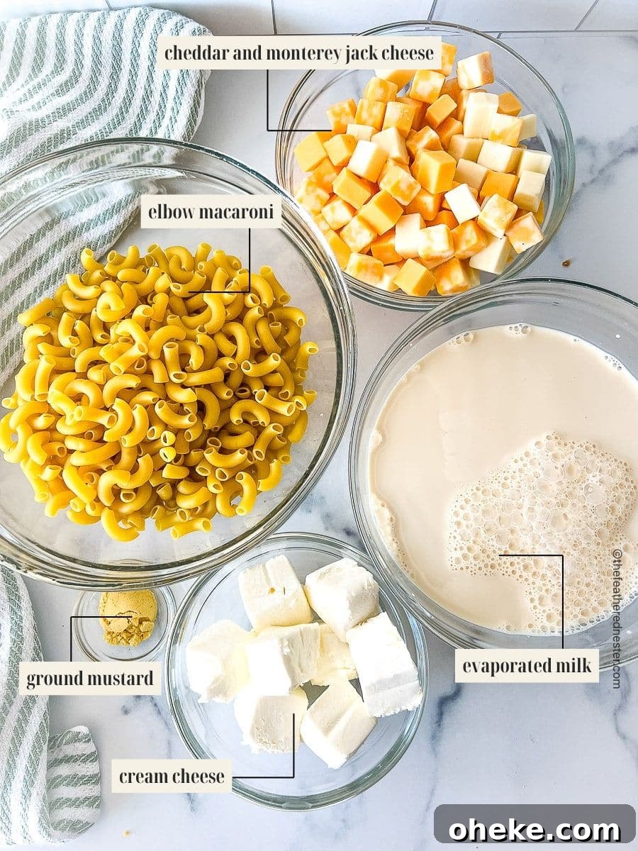 Creamy Slow Cooker Macaroni and Cheese Recipe 4 Labeled ingredient to make mac and cheese recipe.