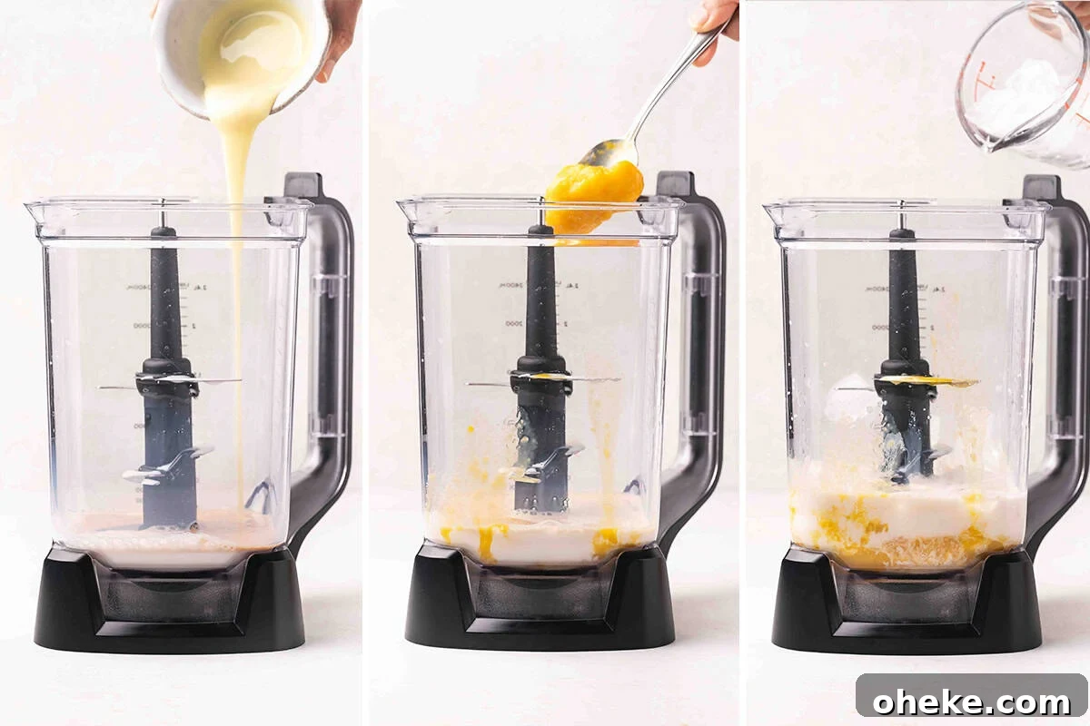 How to Make a Classic Orange Julius at Home 5 ingredients for Orange Julius being added to blender
