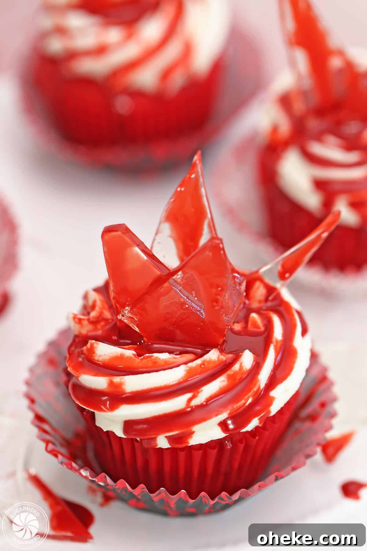 Bloody Glass Cupcakes Recipe: Spooky Jello-Filled Treats for Halloween 2 Close up of the top of a bloody glass cupcake.