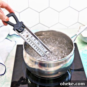 Bloody Glass Cupcakes Recipe: Spooky Jello-Filled Treats for Halloween 29 Hand placing a candy thermometer into a pot of boiling water.