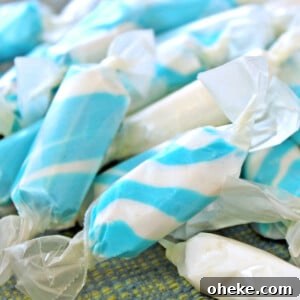Bloody Glass Cupcakes Recipe: Spooky Jello-Filled Treats for Halloween 30 Close-up of blue and white striped saltwater taffy.