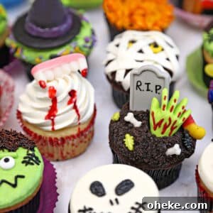 Bloody Glass Cupcakes Recipe: Spooky Jello-Filled Treats for Halloween 32 Group of mixed Halloween cupcakes.