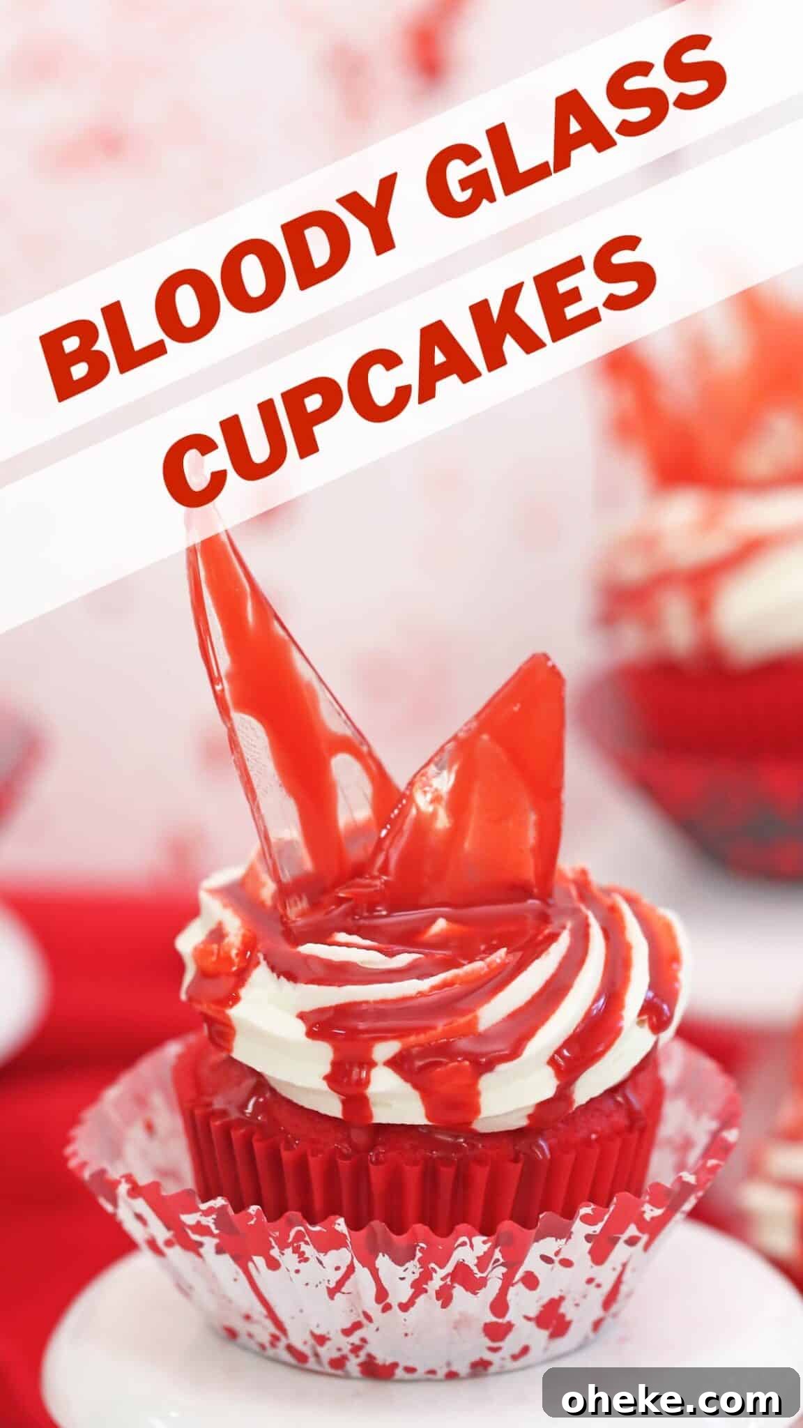 Bloody Glass Cupcakes Recipe: Spooky Jello-Filled Treats for Halloween 35 An image of bloody glass cupcakes with text overlay for Pinterest.