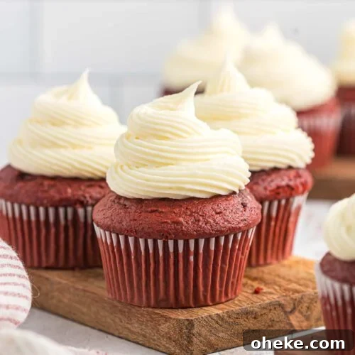 Red velvet cupcakes with cream cheese frosting.