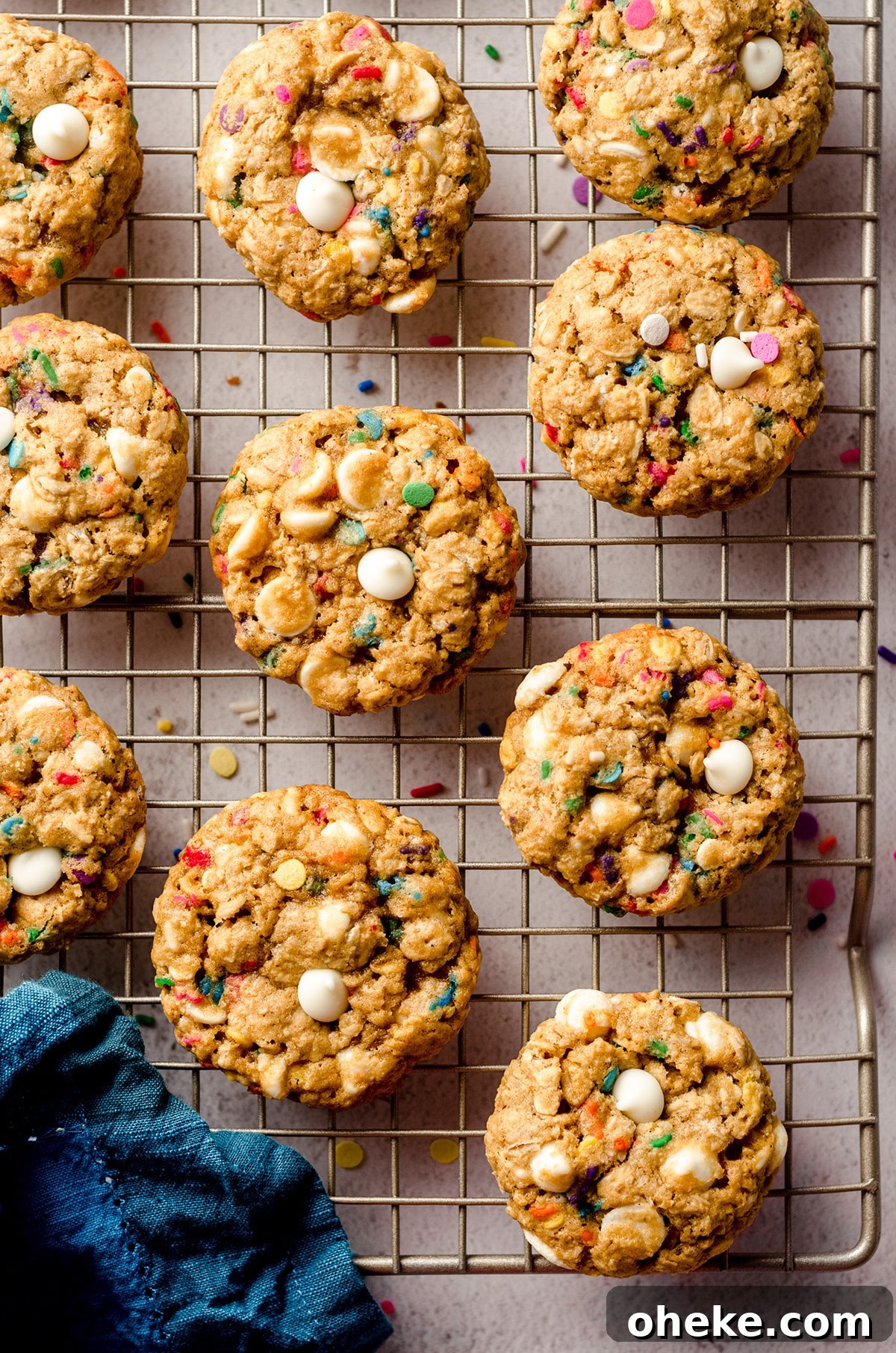 Funfetti White Chocolate Oatmeal Cookies Recipe 2 aerial photo of funfetti oatmeal cookies on a cooling rack