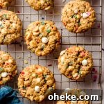 Funfetti White Chocolate Oatmeal Cookies Recipe 11 aerial photo of funfetti oatmeal cookies on a cooling rack
